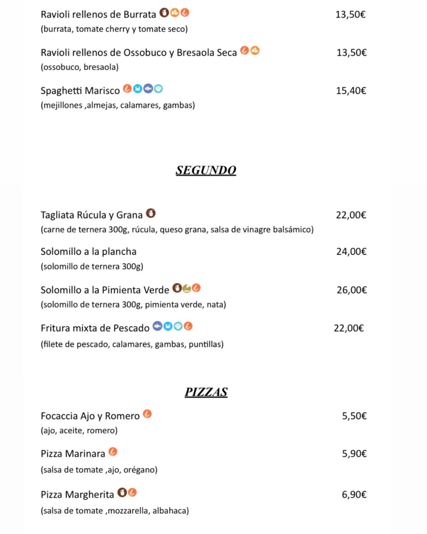 Carta Restaurante da Marty & Davide. Segundos y pizzas