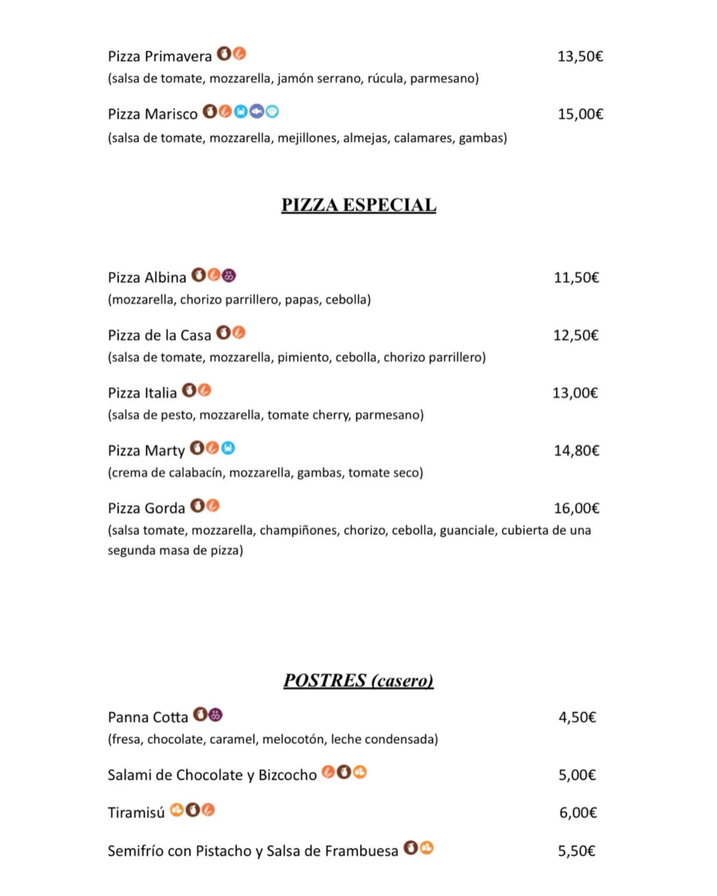 Carta Restaurante da Marty & Davide. Pizzas especiales y postres